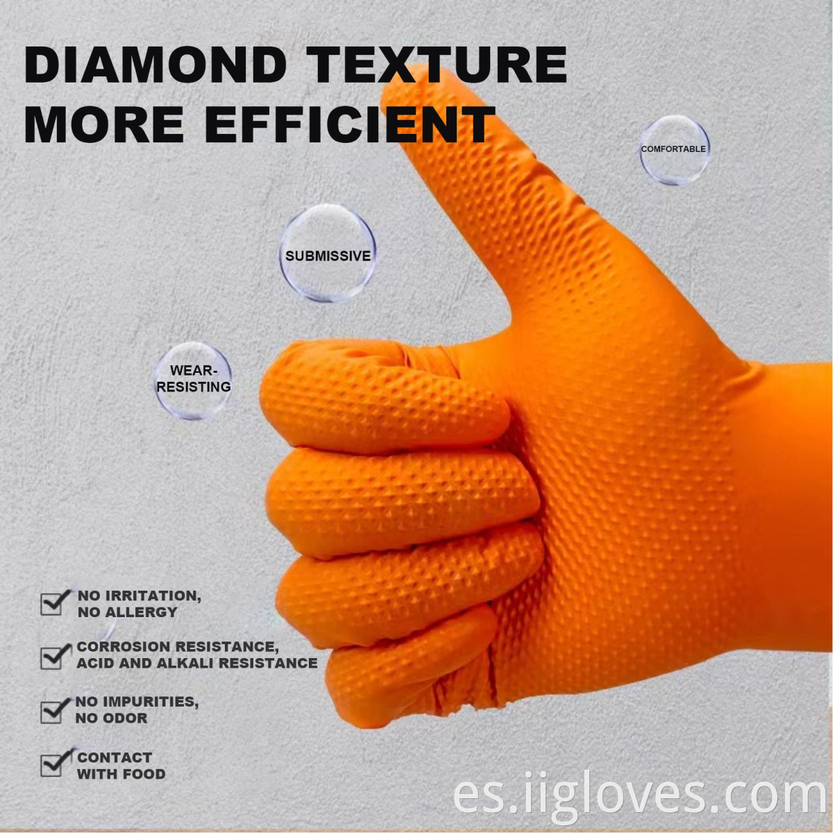 Guantes de nitrilo de diamantes de naranja Patrón de diamantes INDUSTRIA IMPRESIÓN DE LIMPIEZA DE NITRILLO DE CLIMINACIÓN HOMBRES